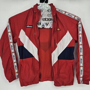 Ellesse Track Jacket Mens Large Nylon Red Navy Blue White Hooded HAS FLAWS